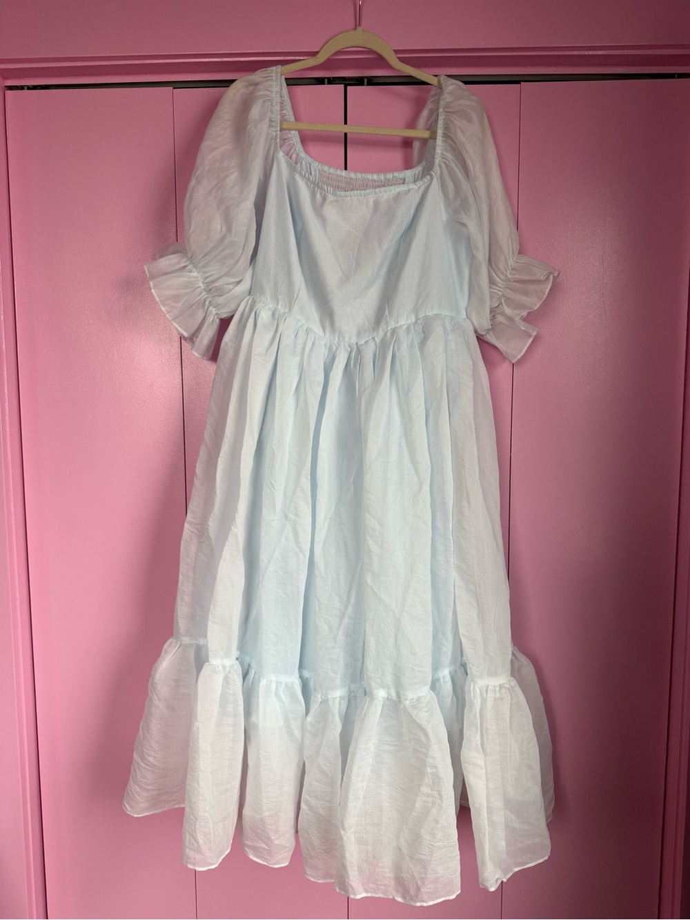 SHEIN Curve Selkie Inspired Hand Dyed Light Blue Puff Sleeve Ruffle Hem Dress